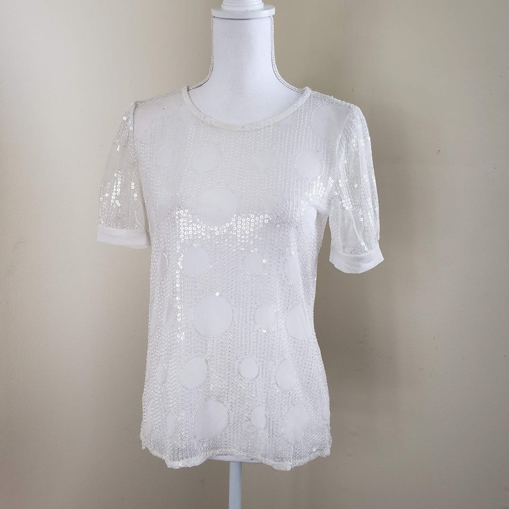 Eva Franco Russian Gia Sequin Short Sleeve Top White Size XS - Picture 14 of 15